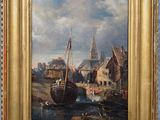 une peinture à l'huile représentant des bateaux dans un port, avec une église en arrière-plan
