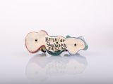 two fish shaped magnets with words on them