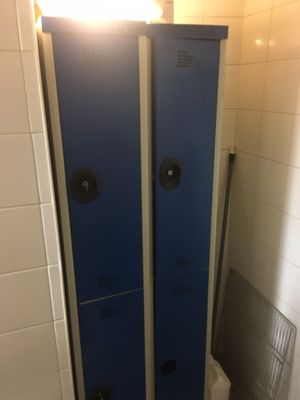 deux casiers bleus dans une salle de bains, à côté des toilettes