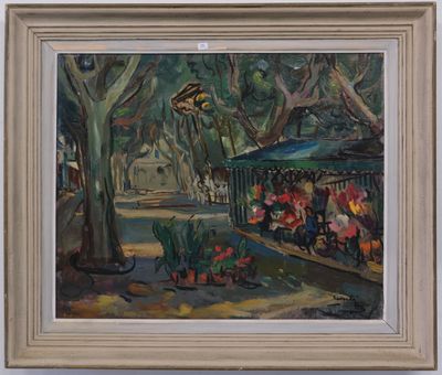 an oil painting of a street scene with people sitting at tables