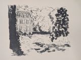 an ink drawing of a house and trees in a park