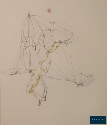 a drawing of a woman holding an umbrella in the air