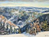 painting of a snowy landscape with trees and hills in the distance