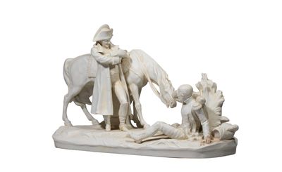 statue of a man with a horse and a dog on a white surface