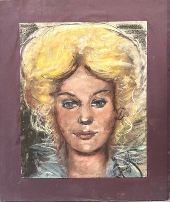 tableau représentant une femme aux cheveux blonds et aux yeux bleus, dans un cadre violet
