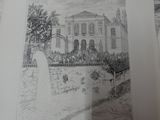 a drawing of a woman standing in front of a house