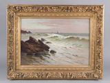 an image of a painting of waves crashing on a rocky shore