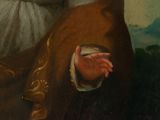 painting of a man in a brown robe holding a white object
