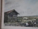 a picture of a painting of a house in a field