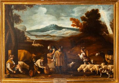 painting of a group of people in a landscape with sheep