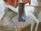 painting of a man in a red coat riding a white horse