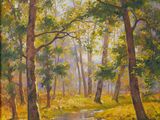 a painting of a stream running through a forest filled with trees