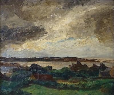 l'image d'une peinture représentant un champ avec des vaches au loin