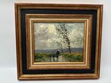une peinture à l'huile représentant un cheval dans un champ, avec un arbre en arrière-plan
