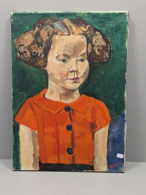 une peinture à l'huile représentant une jeune fille vêtue d'un t-shirt orange