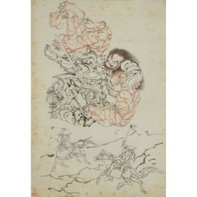a drawing of a man riding on a horse with other people