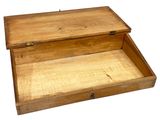 a small wooden box with a lid on a white background
