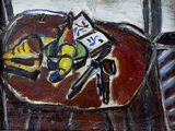 un tableau représentant une table sur laquelle se trouve une assiette de nourriture
