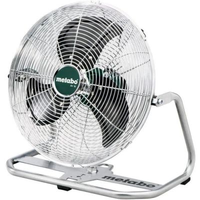 Gros plan sur un ventilateur métallique posé sur un pied, sur fond blanc