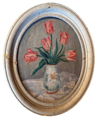 une peinture de fleurs dans un vase sur une table