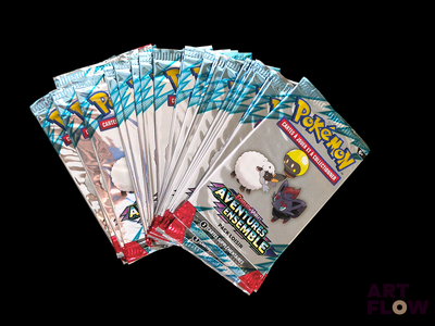 five packs of pokemon trading cards on a black background
