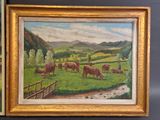 a painting of cows grazing in a field with mountains in the background