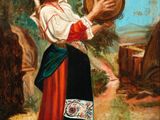an oil painting of a woman in a red and white dress holding a bowl