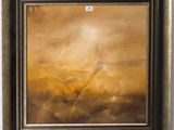 une peinture à l'huile représentant un paysage avec un ciel jaune en arrière-plan