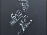 black and white drawing of a man holding his hands up to his face