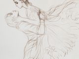 dessin représentant une femme en robe tenant un bébé dans ses bras