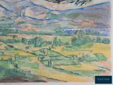 a painting of a bird flying over a green field