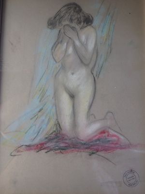 dessin représentant une femme nue assise sur un tapis, la tête entre les mains