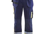 an image of a pair of blue work pants with reflective stripes