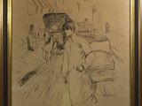 drawing of a woman walking down a street with a child on her back