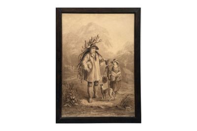un dessin en noir et blanc représentant un Indien accompagné de deux chiens