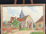 an oil painting of a church on an easel with a black background