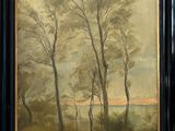 painting of a landscape with trees and a lake in the distance