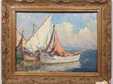 an oil painting of a sailboat on the water with a rock in the foreground