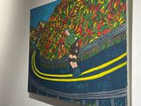 a painting of a man riding a skateboard down a hill