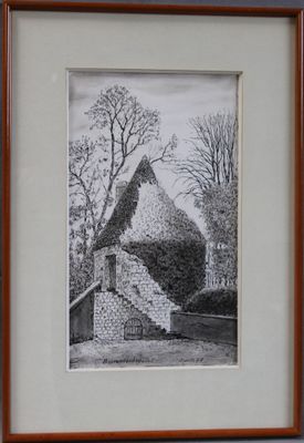 peinture représentant un bâtiment en pierre dans un cadre en bois accroché au mur