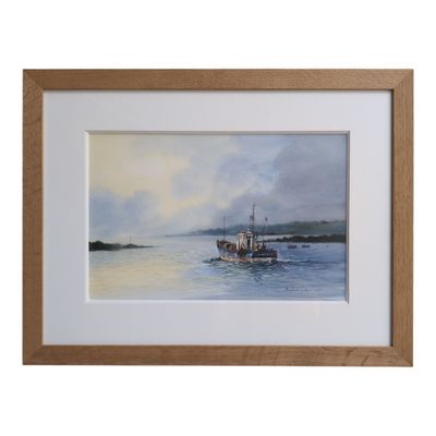 painting of a boat in the water with a cloudy sky in the background