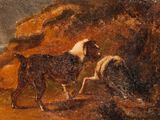 tableau représentant un chien et un mouton dans un paysage rocheux