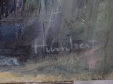 a painting of people walking down a street in the rain