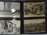three old black and white photos of people and horses on a street