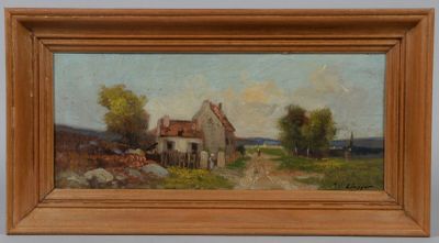 an oil painting of a farm scene with a house and trees in the background