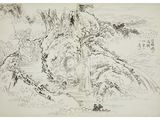 an ink drawing of a woman sitting on a rock by a stream