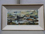une image d'une peinture de bateaux sur la plage