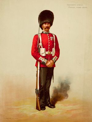 an old picture of a man in a red uniform with a rifle