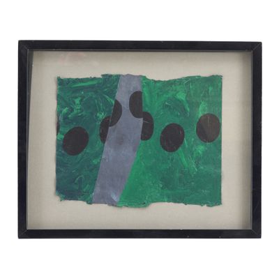 tableau abstrait vert et noir parsemé de points noirs