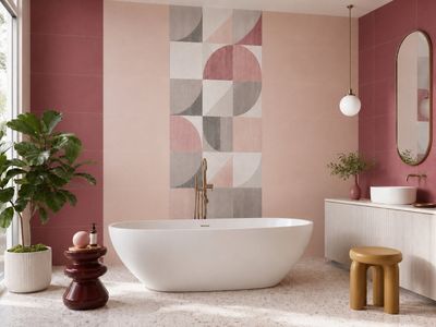 une baignoire au milieu d'une salle de bains, avec une plante dans un coin